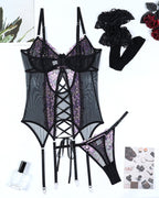 Flower Embroidered Stockings Bra Set