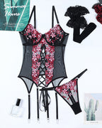 Flower Embroidered Stockings Bra Set