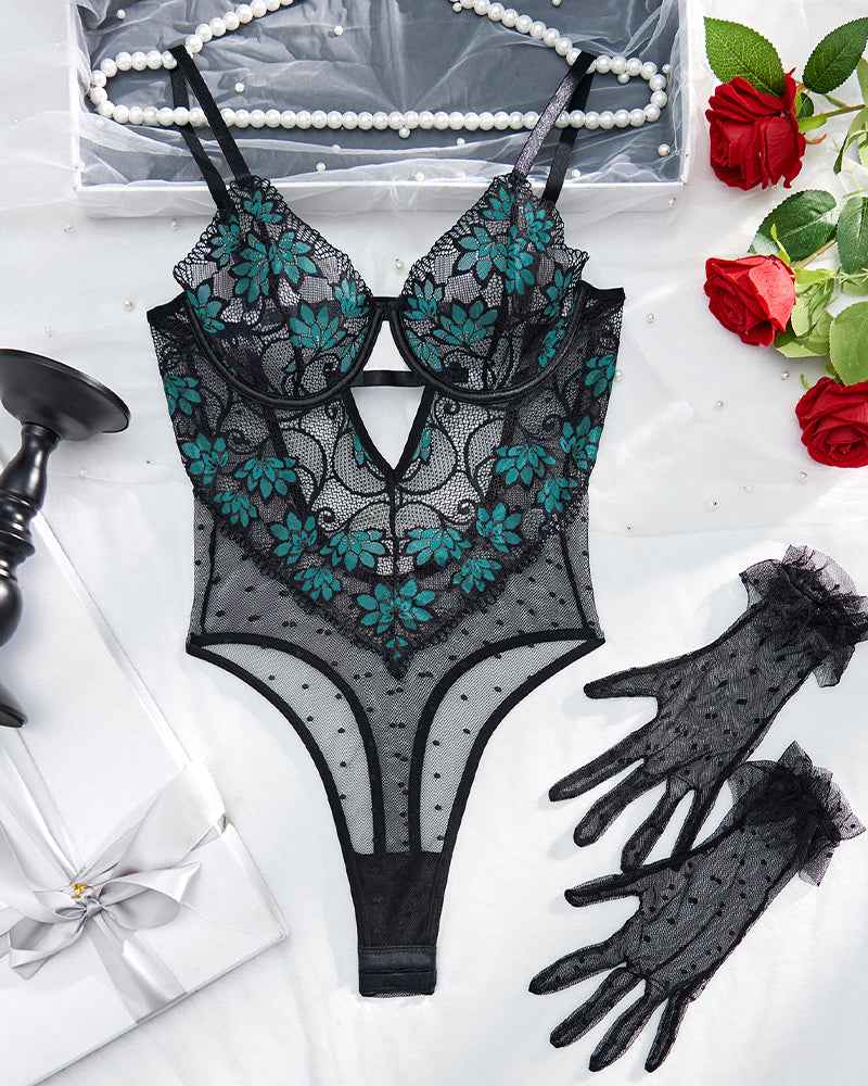Embroidered Polka Dot Bodysuit with Gloves