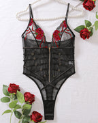 Lace Mesh Embroidered Transparent V-Neck Bodysuit