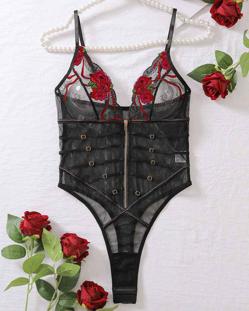 Lace Mesh Embroidered Transparent V-Neck Bodysuit