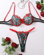 Floral Embroidery See-Through Bra Set