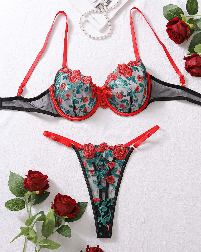 Floral Embroidery See-Through Bra Set