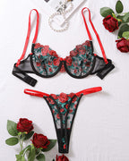 Floral Embroidery See-Through Bra Set