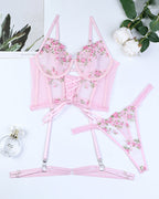 Embroidered Floral Lace-Up Bra Set