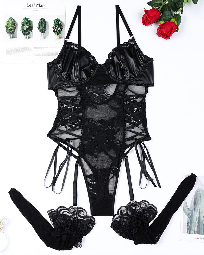 Lace And PU Leather Bow Bodysuit