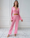 Long-Sleeved Heart Print Ruffled Pajamas Set