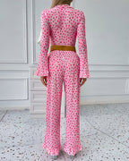 Long-Sleeved Heart Print Ruffled Pajamas Set