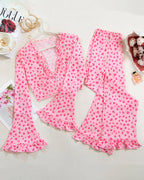 Long-Sleeved Heart Print Ruffled Pajamas Set