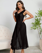 Deep V-neck Pleated Lace Side Slit Mesh Dress