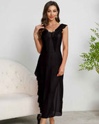 Deep V-neck Pleated Lace Side Slit Mesh Dress