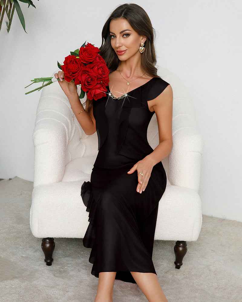 Deep V-neck Pleated Lace Side Slit Mesh Dress