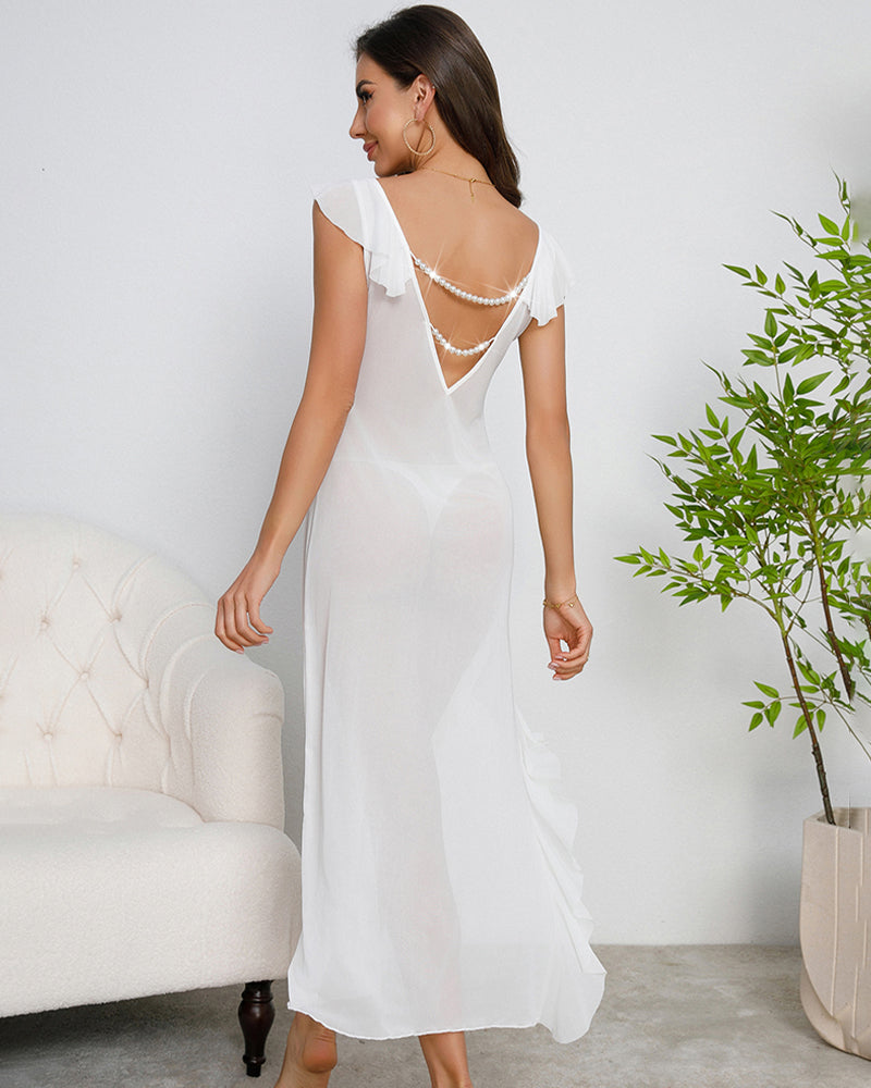 Deep V-neck Pleated Lace Side Slit Mesh Dress