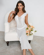 Deep V-neck Pleated Lace Side Slit Mesh Dress