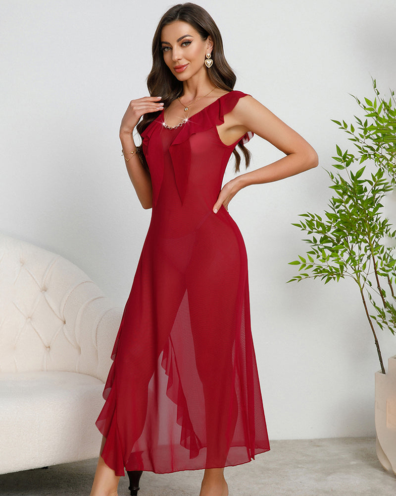 Deep V-neck Pleated Lace Side Slit Mesh Dress