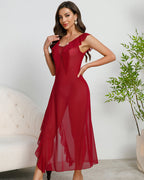 Deep V-neck Pleated Lace Side Slit Mesh Dress