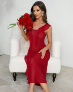 Deep V-neck Pleated Lace Side Slit Mesh Dress