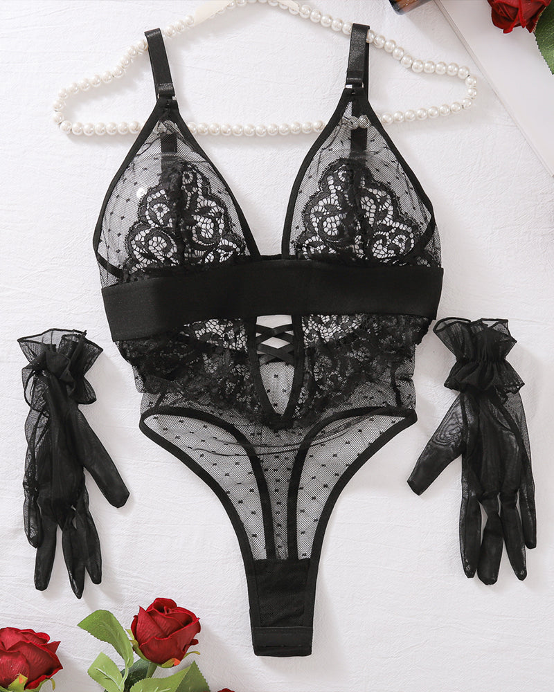 Polka Dot Mesh Lace Open Crotch Bodysuit