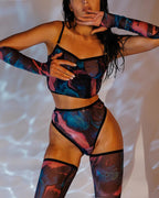 Watercolor Mesh Lingerie Set with Gloves and Hold-Ups