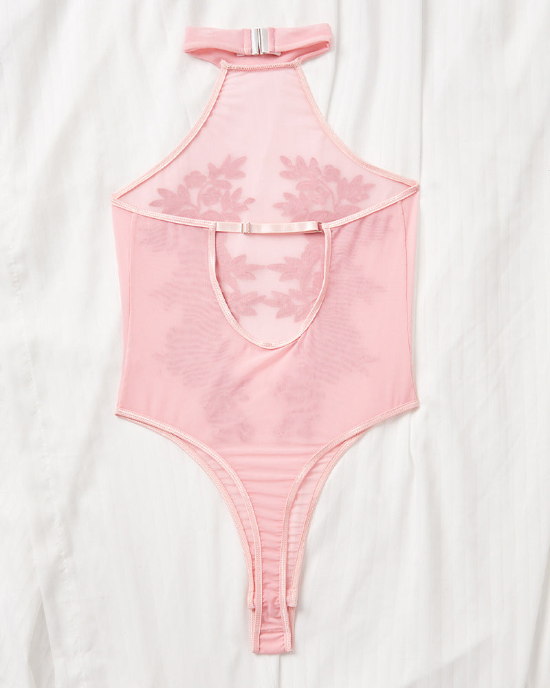 Floral Embroidered Mesh Sheer Bodysuit
