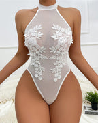 Mesh Sheer Floral Embroidered Bodysuit