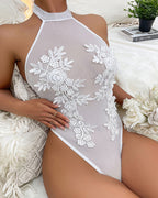 Mesh Sheer Floral Embroidered Bodysuit