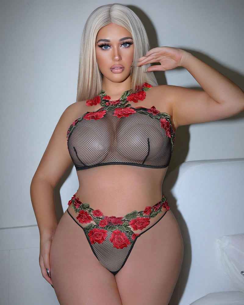 Plus Size Fishnet Embroidery Lingerie Set