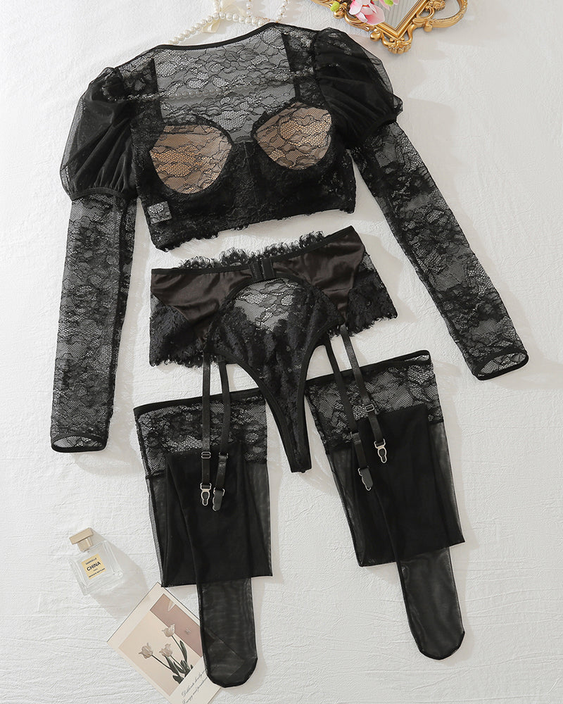 Long Sleeve Lingerie Sets with Lace Stockings