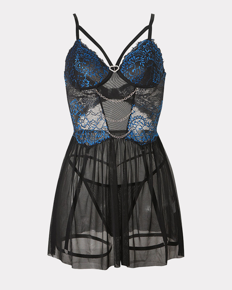 Lace Babydoll Chain Push Up with Garter Belt