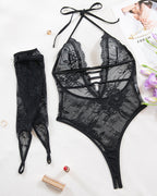 Floral Lace Sheer Bodysuits with Gloves