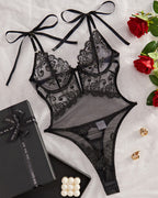 Lace Embroidery Open Back Bodysuit
