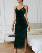 Deep V Lace Trim Side Slit Velvet Dress