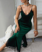 Deep V Lace Trim Side Slit Velvet Dress