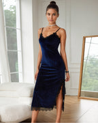 Deep V Lace Trim Side Slit Velvet Dress