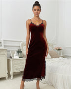 Deep V Lace Trim Side Slit Velvet Dress
