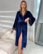 Velvet Belted Mid-Robe with Lace Trim