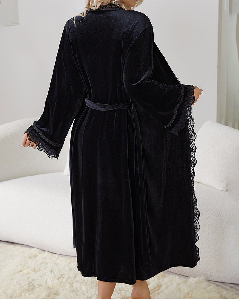 Deep V Neck Side Slit Velvet Dress & Robe