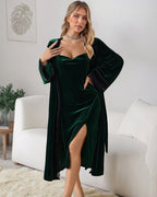 Deep V Neck Side Slit Velvet Dress & Robe