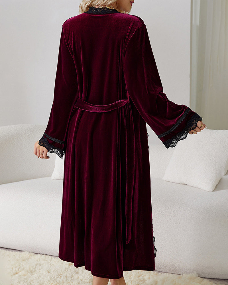 Deep V Neck Side Slit Velvet Dress & Robe