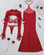 4 Pcs Red Sheer Mesh Lingerie Dress Sets