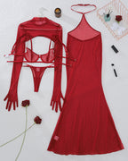 4 Pcs Red Sheer Mesh Lingerie Dress Sets
