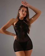 Mesh Halter Embroidered Floral Mini Dress