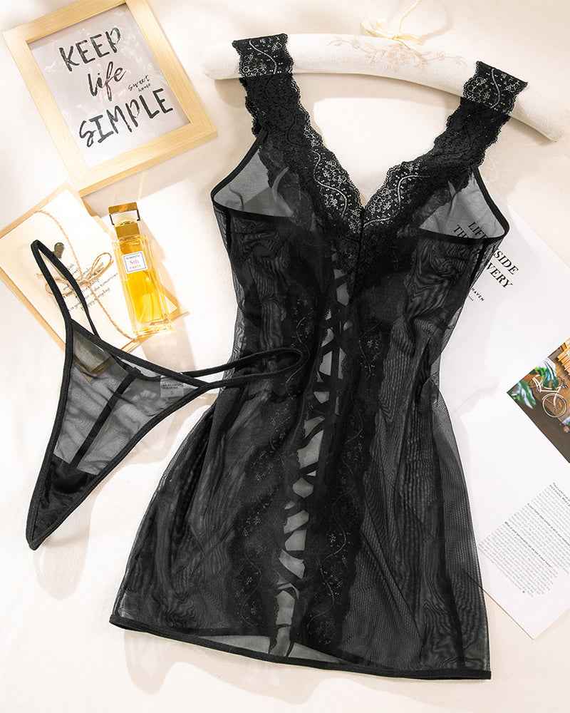 Deep V Neck Backless Lace-up Slip Dress