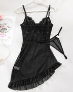 Floral Embroidery Mesh Lingerie Dress With G-string