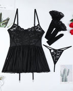 Floral Lace Mesh Babydoll Slip Dress + Stockings