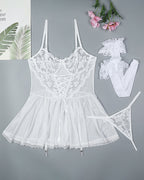 Floral Lace Mesh Babydoll Slip Dress + Stockings