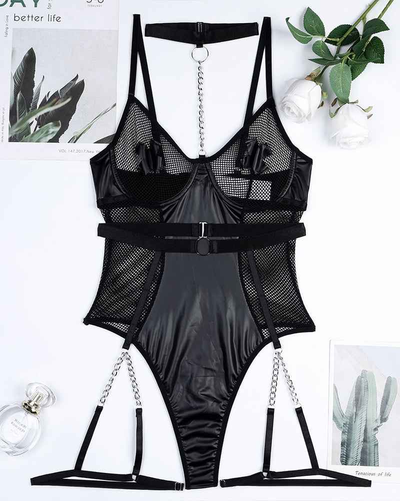 Metal Buckle Chain Leather Bodysuits
