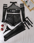 Fishnet Halter Lingerie Set+Gloves+Stockings