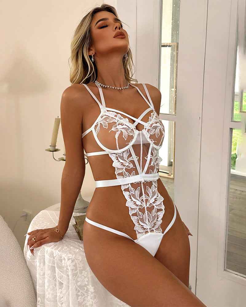 Embroidery Hollow out Sheer Bodysuit