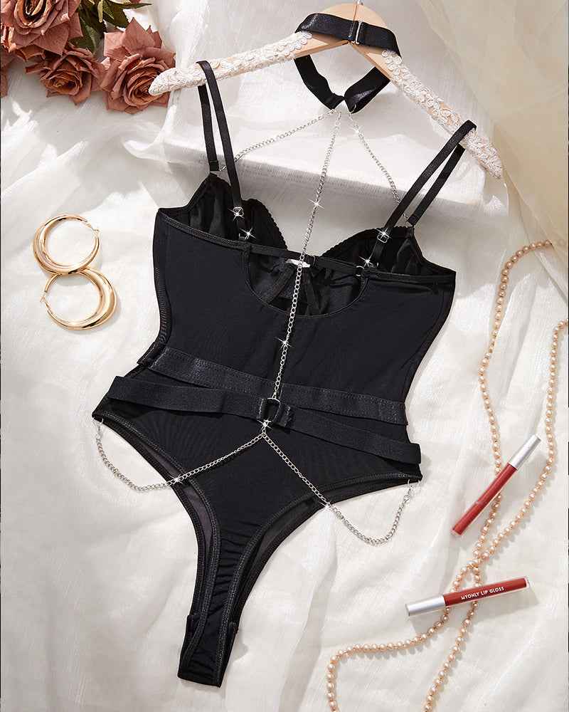 Leather Chain Spaghetti Strap Bodysuit